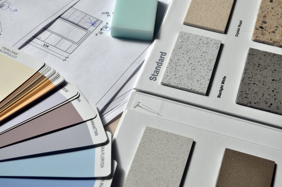 Paint color options and flooring options for a custom trade show exhibit.